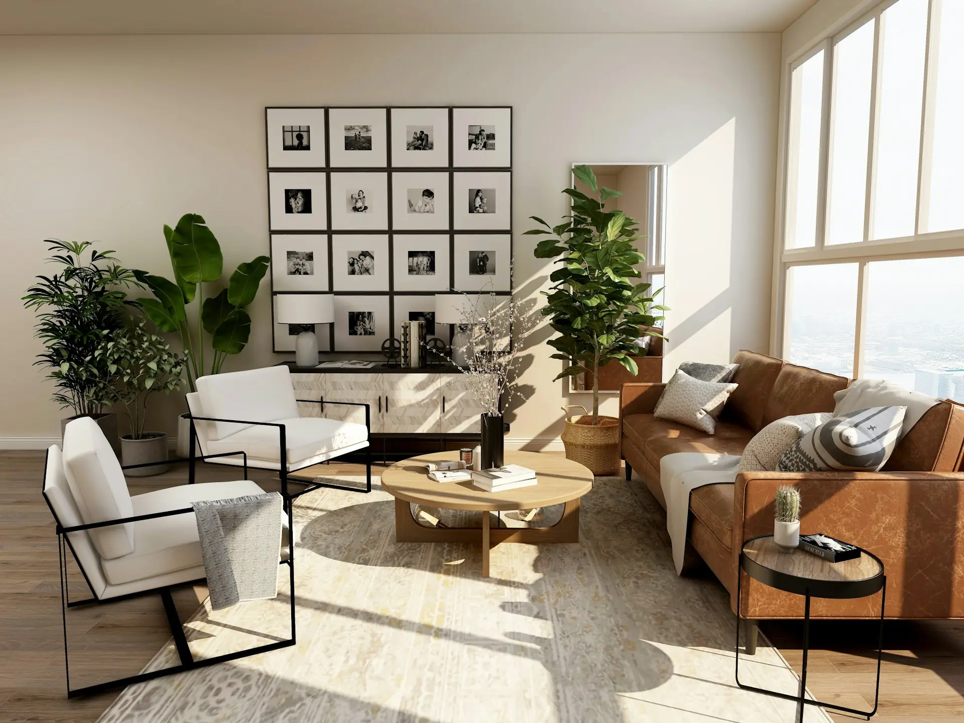 Sala luminosa con sillones, plantas y mesa de centro de madera